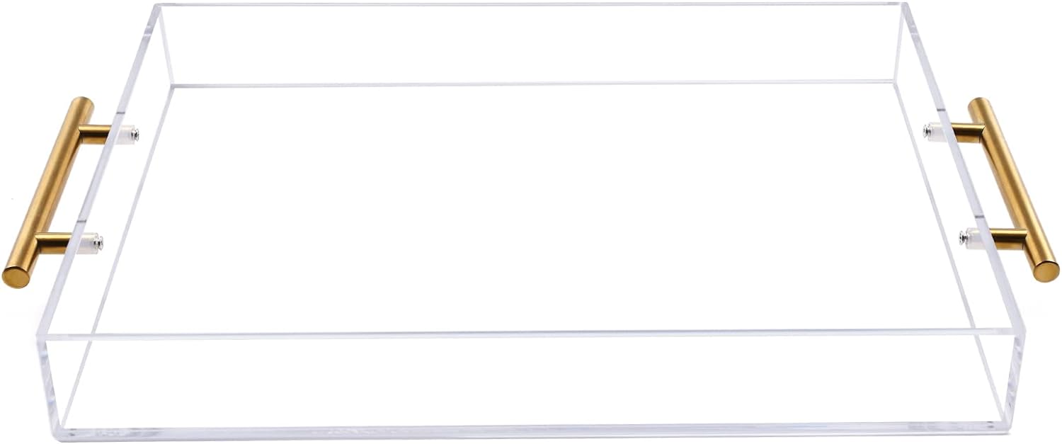 12"x16" Clear Acrylic Serving Tray with Golden Handles, Sturdy Huge Capacity Acrylic Tray for Coffee, Juice, Kitchen and Desk Organizer, Storage Tray (12"x16")