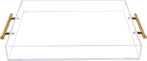 12"x16" Clear Acrylic Serving Tray with Golden Handles, Sturdy Huge Capacity Acrylic Tray for Coffee, Juice, Kitchen and Desk Organizer, Storage Tray (12"x16")