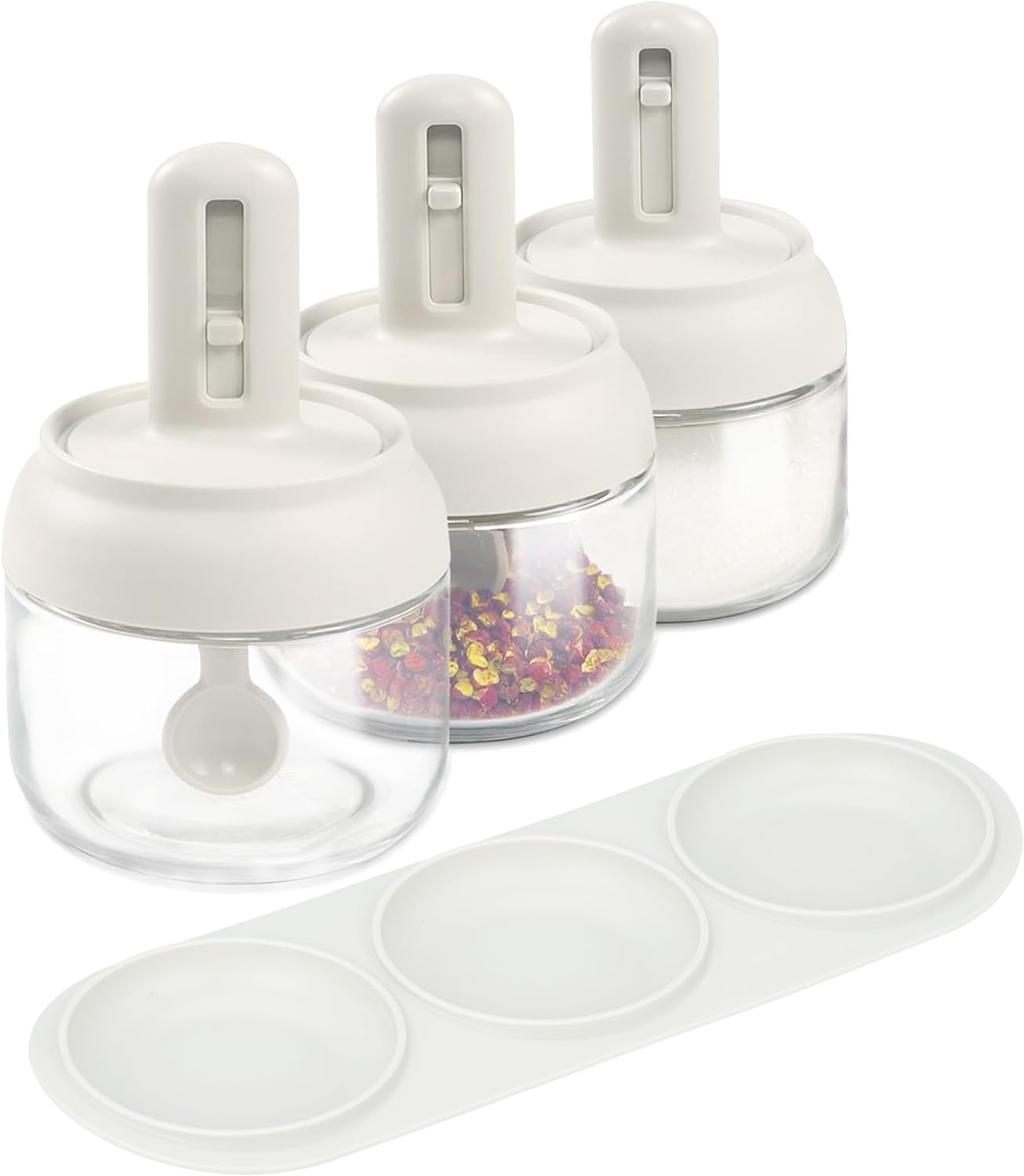 3 Piece Glass Salt Container | Storage | Pepper,Table Salt, Sugar,Gourmet Salts,Spice |Chili Herbs |10 oz |Glass Salt Container with Lid and Retractable Spoon