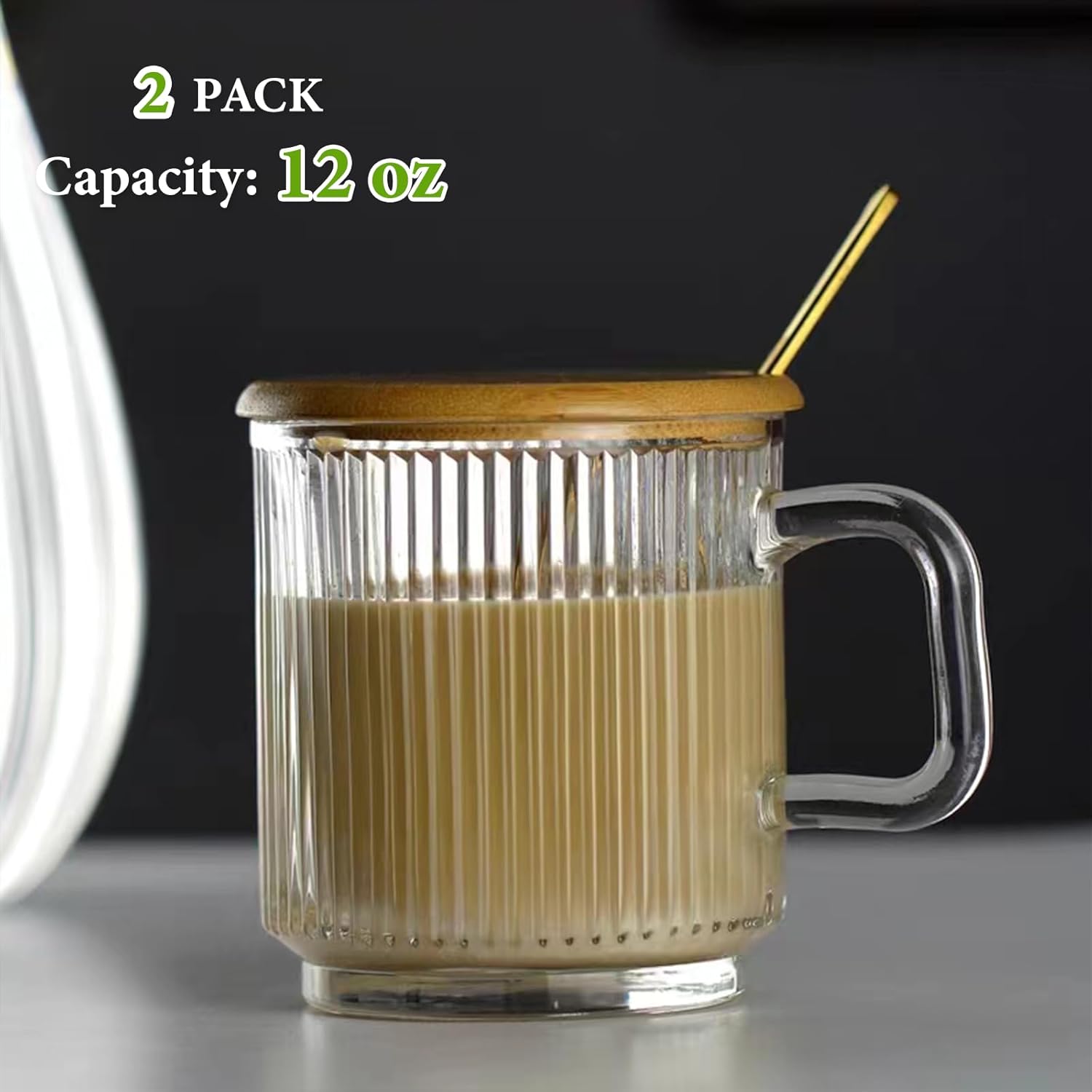 2 PACK Glass Coffee Mugs with Handle & Spoon, 12 OZ Glass Coffee Cups with Bamboo Lid, Ribbed Glass Cups, Clear Tea Cup for Hot/Cold Beverages, Glassware Set for Americano, Latte, Cappuccino