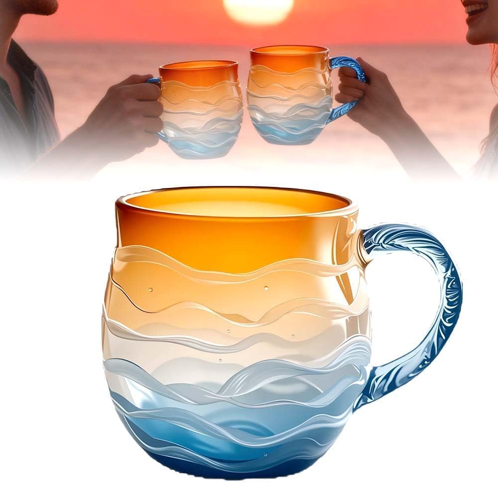 Sea Glass Sundown Mug 12 Oz, Handcrafted Ocean Wave Pattern Coastal Beach Themed Mug, Unique Textured Artistic Drinkware for Coffee Tea Gift for Ocean Beach Surf Lovers