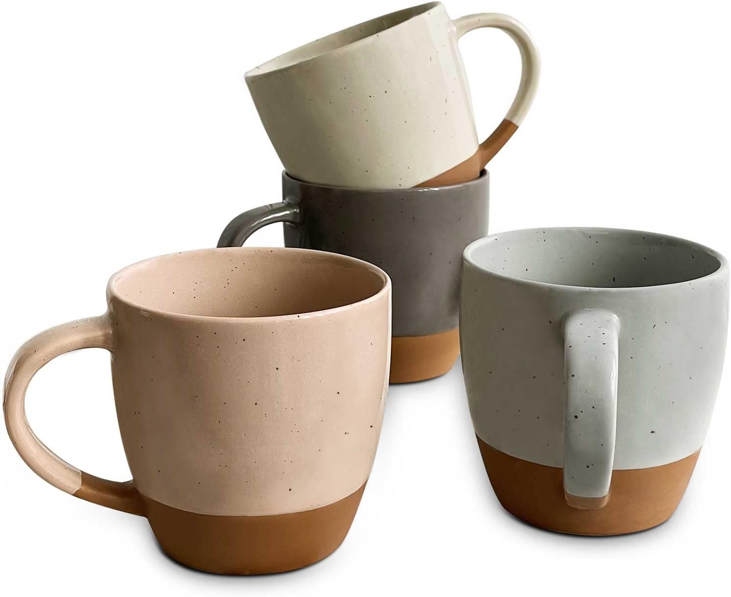 Ceramic Large Latte Mug Set of 4, 16oz - Microwavable, Porcelain Coffee Cups With Big Handle - Modern, Boho, Unique Style For Any Kitchen. Microwave Safe Stoneware - Assorted Neutrals