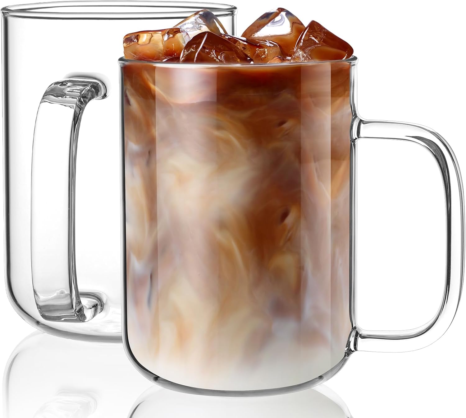 Glass Coffee Mugs, 20 oz Ice coffee cups, Large Clear Tea Cups Set of 2, Glass Mugs with Handles, Glass Cups for Latte, Cappuccino, and Tea
