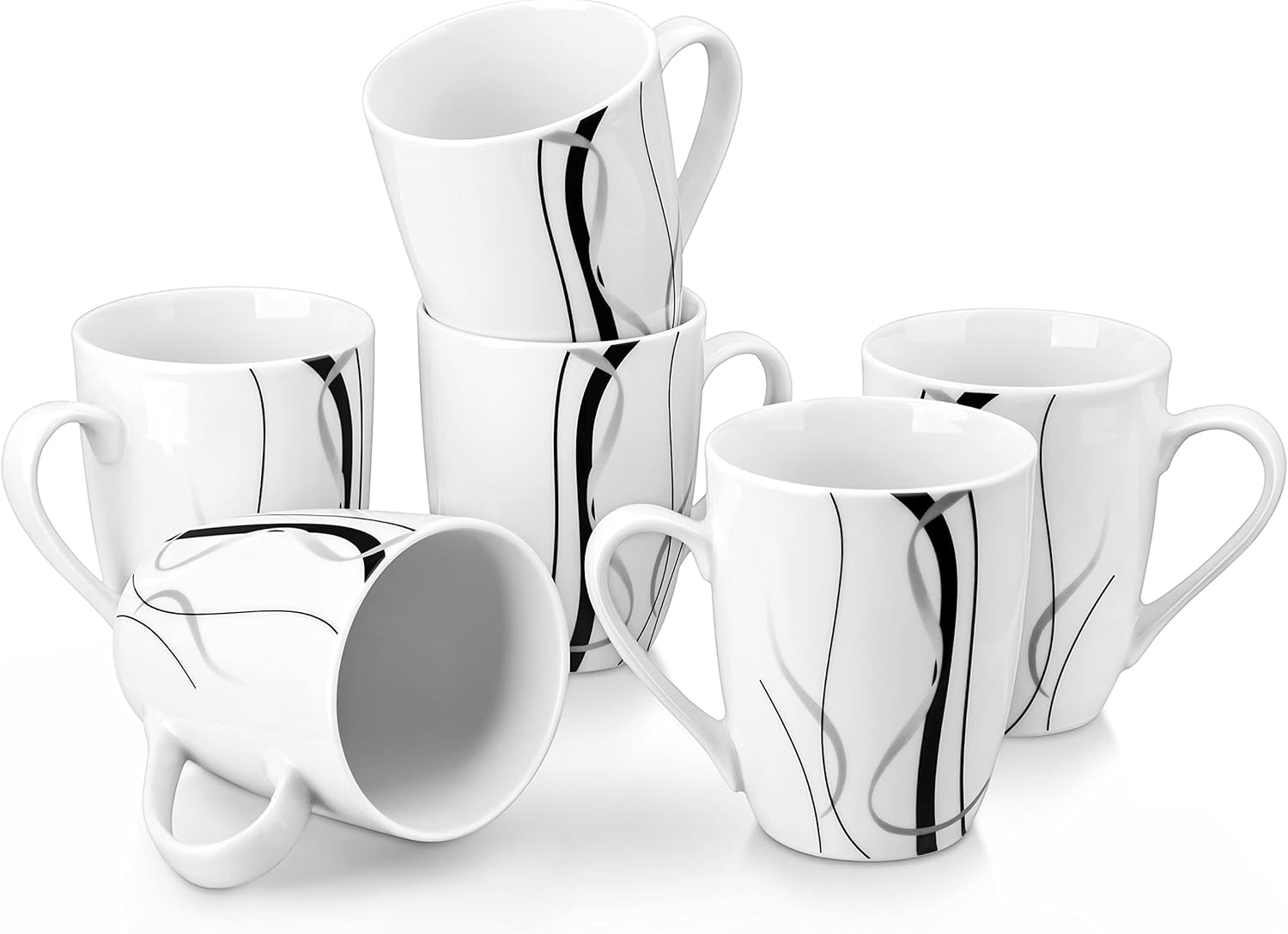 Ceramic Coffee Mugs Set of 6, 11 OZ Coffee Cups Set with Handle, White Mugs Set Porcelain Cup Set for Kitchen, Microwave Dishwasher Safe, Series