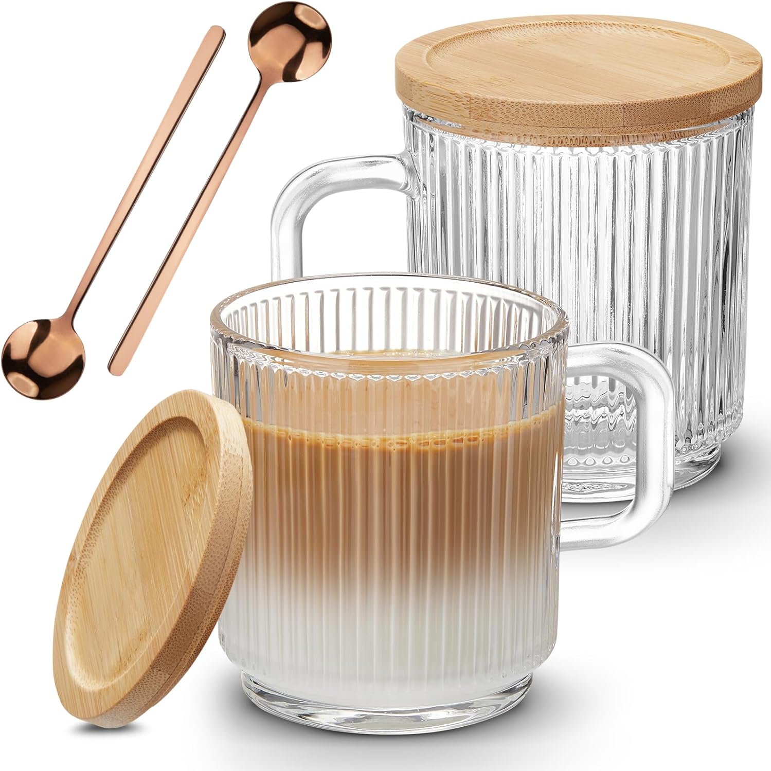 2 PACK Glass Coffee Mugs with Handle & Spoon, 12 OZ Glass Coffee Cups with Bamboo Lid, Ribbed Glass Cups, Clear Tea Cup for Hot/Cold Beverages, Glassware Set for Americano, Latte, Cappuccino