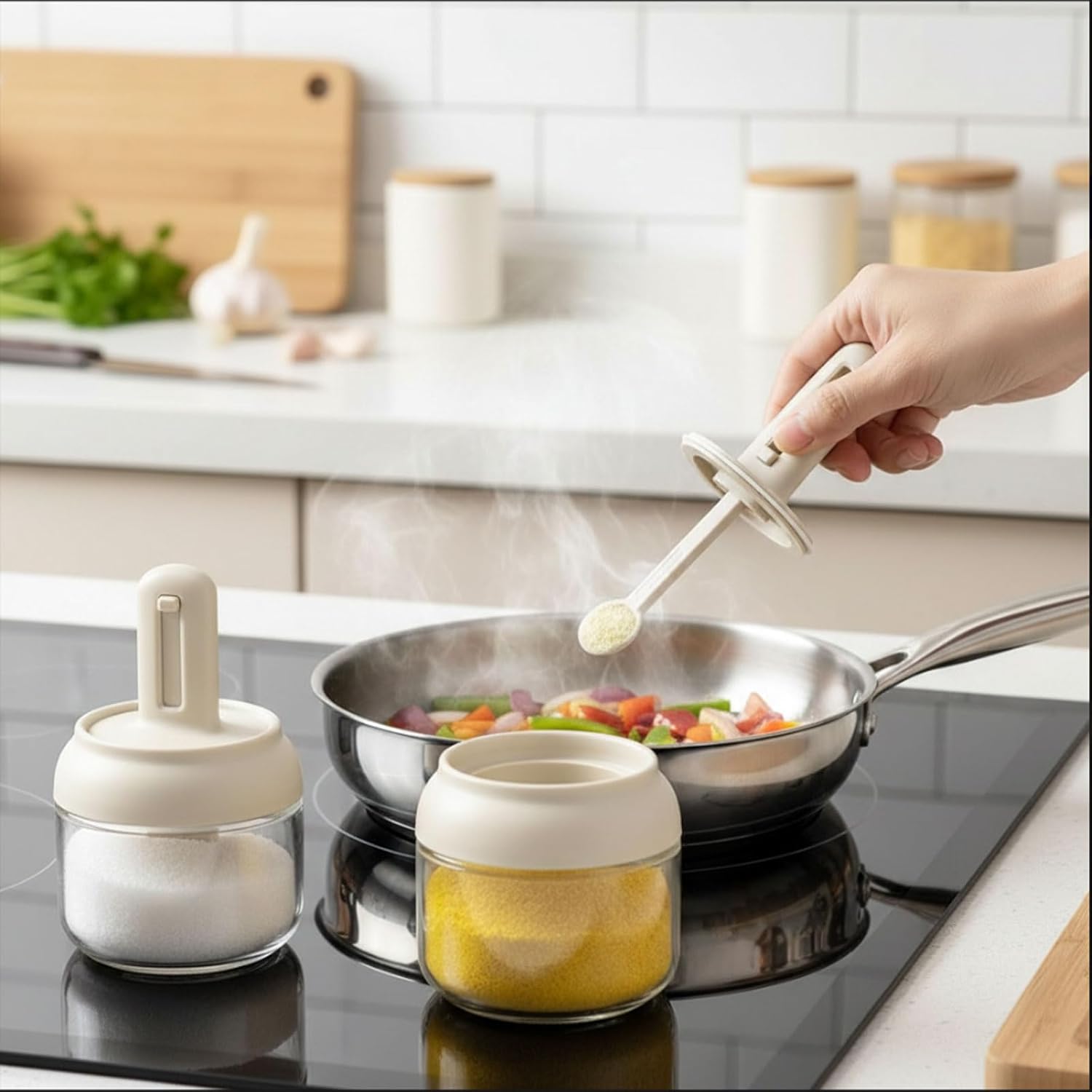 3 Piece Glass Salt Container | Storage | Pepper,Table Salt, Sugar,Gourmet Salts,Spice |Chili Herbs |10 oz |Glass Salt Container with Lid and Retractable Spoon