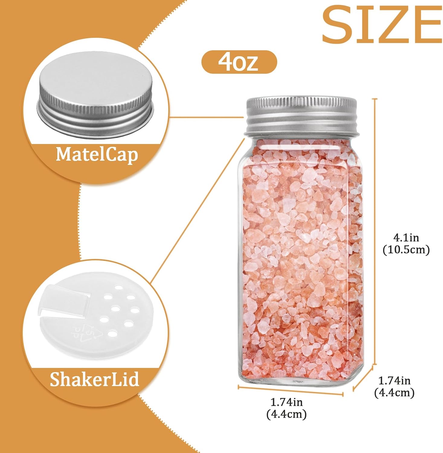 4oz Glass Spice Bottles with Shaker Lids, Restaurant & Home Kitchen Storage | Square Air-Tight Containers for Spices, Salt, Pepper (Set of 6, 120ml)